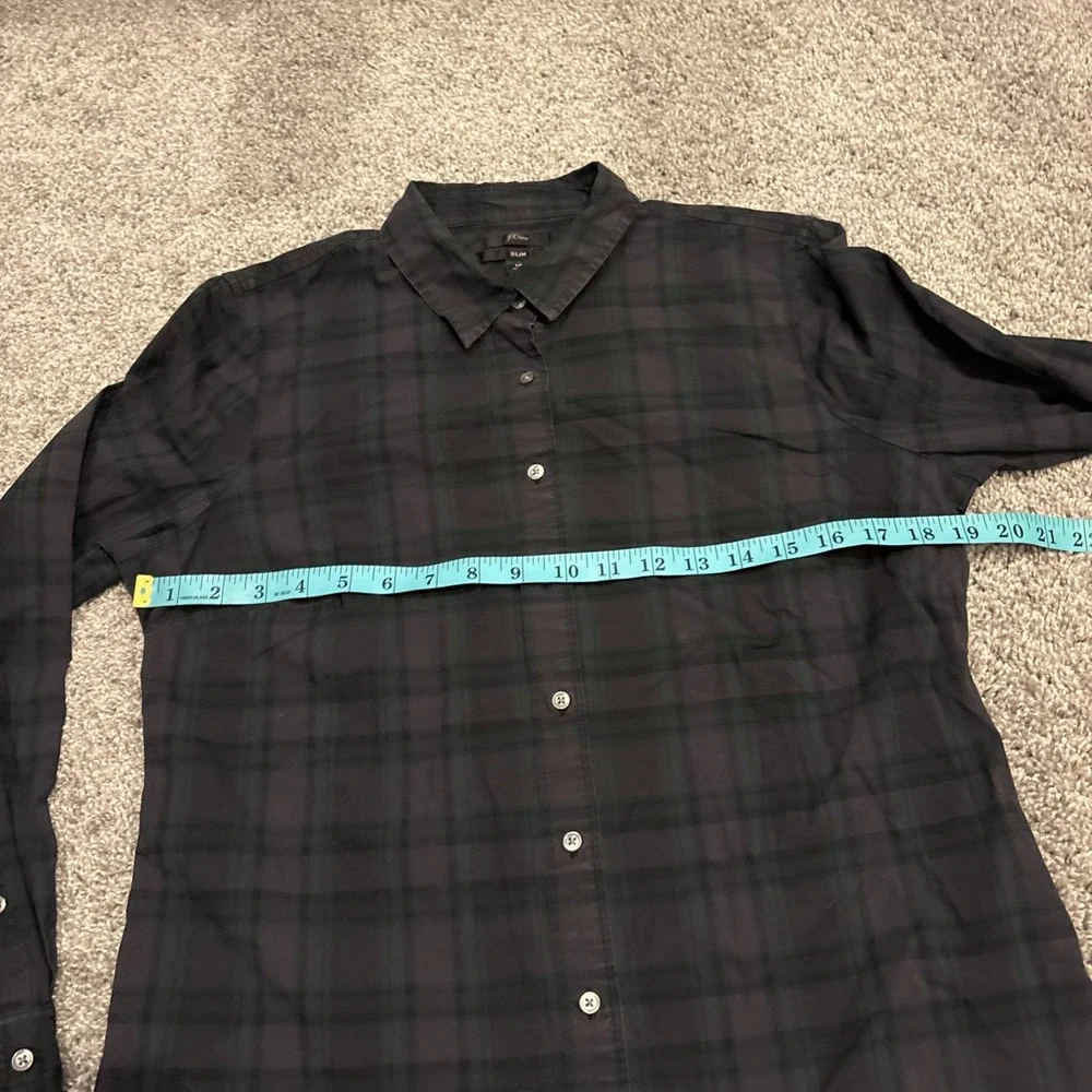 J Crew Black Watch Tartan Slim Stretch Shirt size 12 Midnight Emerald K3729
